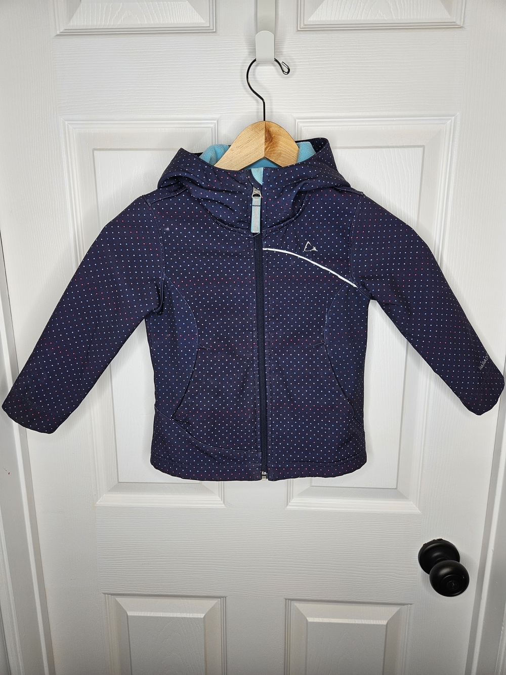 Paradox Girls Softshell Jacket Hooded Navy Blue Polka Dot Teal Fleece Lining XS